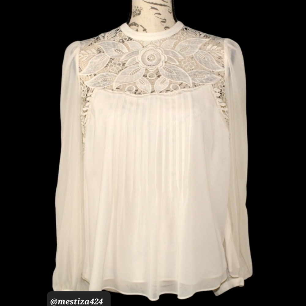 Express Long Sleeve Pleated Open Back Blouse with Crochet Detail